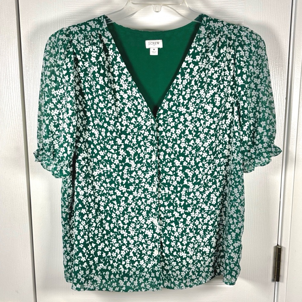 J. Crew V-neck Puff Sleeve Top Green White Floral Print Button Front Medium